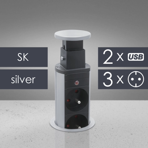 Retractable desktop power socket with 3 outlets and USB ports, silver