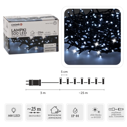 LED Christmas light string 500 LED cool white + cool flash, 28 m (25 m illuminated section) for indoor and outdoor use - 1 pc