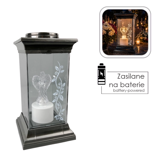 LED lampijon s steklenim ohišjem in angelom 28 cm
