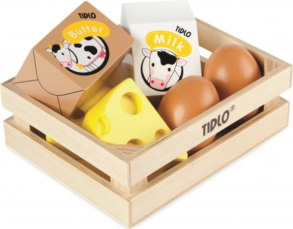 Tidlo lesena škatla z mlečnimi izdelki in jajci