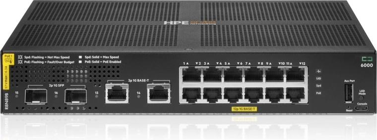 Upravljano stikalo Aruba Networking CX 6000 12× Gigabit PoE+ (razred 4) + 2× Gigabit + 2× SFP, 139 W (R8N89B)