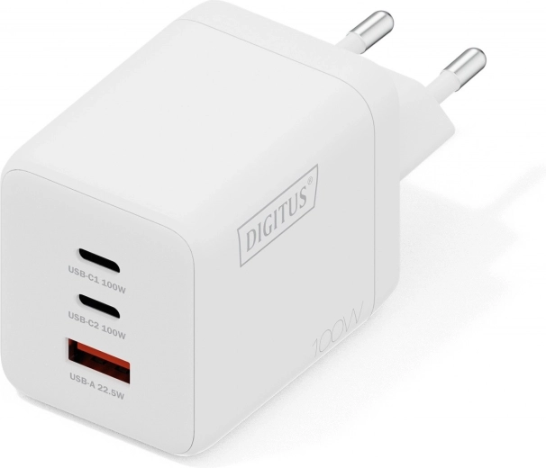 Stenska USB GaN polnilnik 100 W, 2× USB‑C in 1× USB‑A, bela