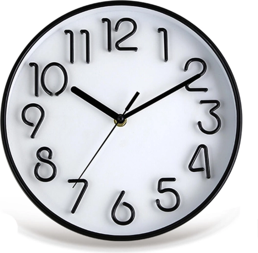 Stenska ura z 3D številčnico, 25,3 cm, črna in bela
