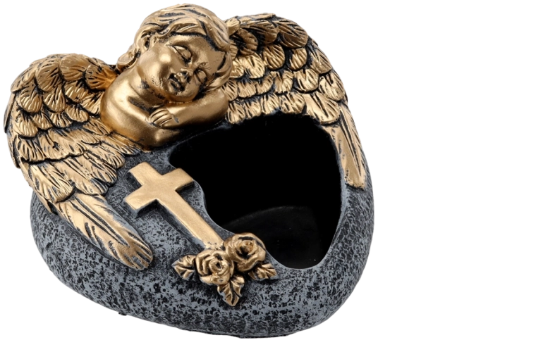 Cementni nagrobni cvetlični lonec angel, temno siv z zlatimi okraski 16 × 17,5 × 11 cm