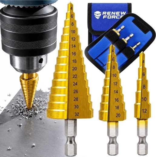 Komplet titanovih stopničastih svedrov HSS RENEW FORCE 4–32 mm s šesterokotnim steblom