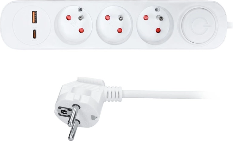 Solight extension lead with 3 sockets, USB-A and USB-C PD 20 W, 2 m, white, with switch