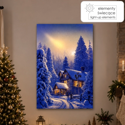 Slika na platnu z LED osvetlitvijo – zimska hiša v gozdu 40 × 60 × 3,2 cm - 1 kos