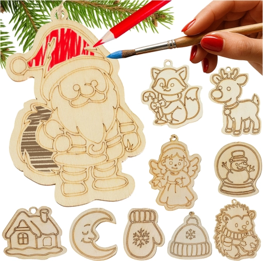 Ruhhy wooden Christmas ornaments for painting (24 pcs) with strings