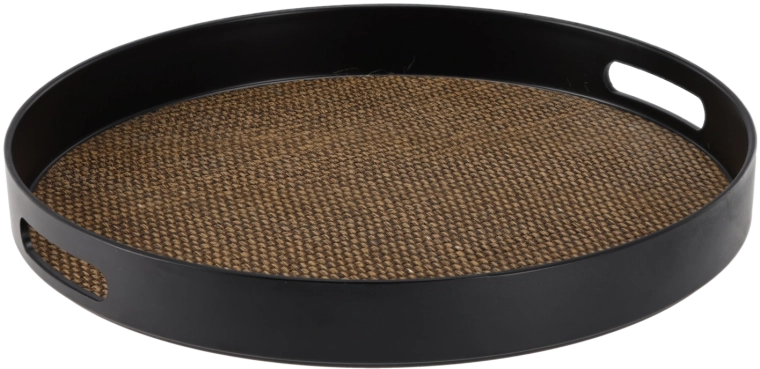 Okrogel servirni pladenj z ročaji, črn z jutastim dekorjem, 35 × 35 × 4 cm