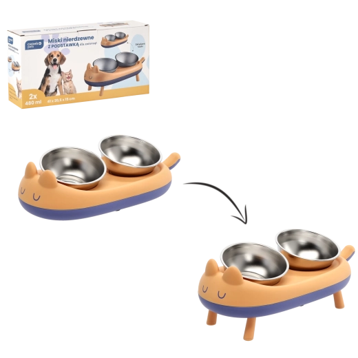 Povišano dvojno stojalo z nerjavnimi posodami za pse in mačke 41 × 20,5 × 15 cm
