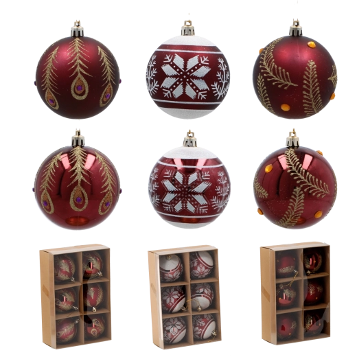 Set 6 bordo božičnih krogel 8 cm iz nelomljive plastike
