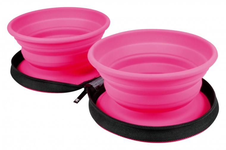 Potovalna dvojna posoda za ljubljenčke Kiwi Walker – rožnata, zložljiva silikonska 2×350 ml