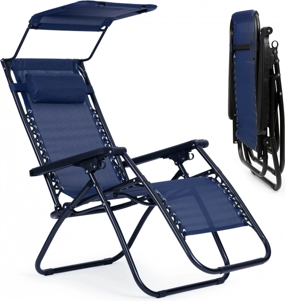 Zložljiv nastavljiv vrtni / plažni stol s senčnikom modre barve