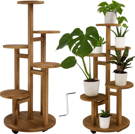 Freestanding wooden plant stand 86 cm RUHHY, 6 tiers for 7 flower pots