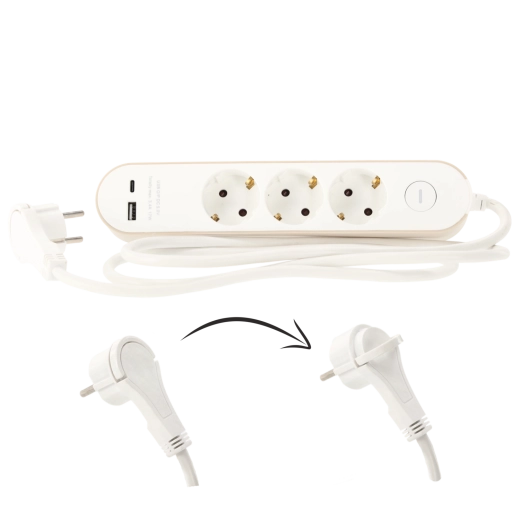 Prenapetostni podaljšek s stikalom, 3 vtičnice Schuko in 2 USB (USB-A + USB-C), 1,5 m, bel