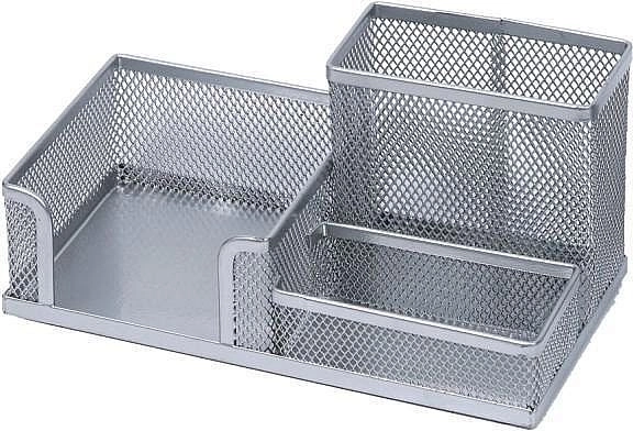 Kovinski namizni organizator s stojalom za svinčnike in kocko za beležke, srebrn