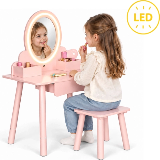 Otroška lesena toaletna mizica ECOTOYS z LED-ogledalom, stolčkom in dodatki