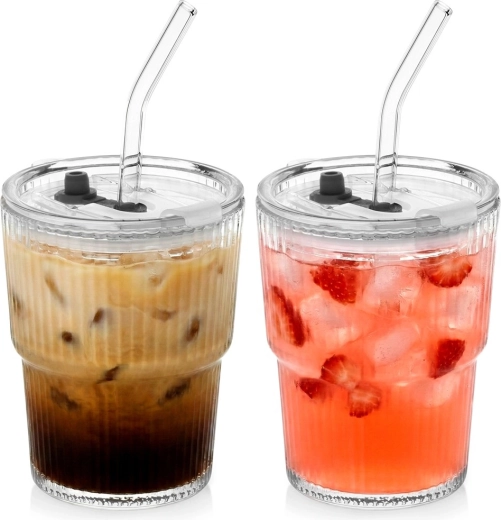 Steklena kozarca tumbler z pokrovom in slamico 340 ml, komplet 2 kosa