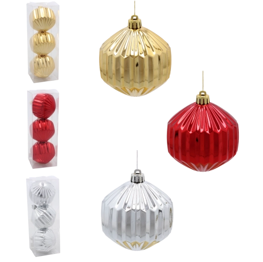 Set božičnih krogel 8 cm – rdeča, zlata in srebrna, sijoči rebrasti okraski (3 kosi)