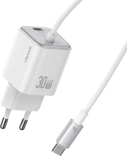 USAMS serija JC CC264 30 W GaN hitri polnilnik z integriranim USB‑C kablom (bel)