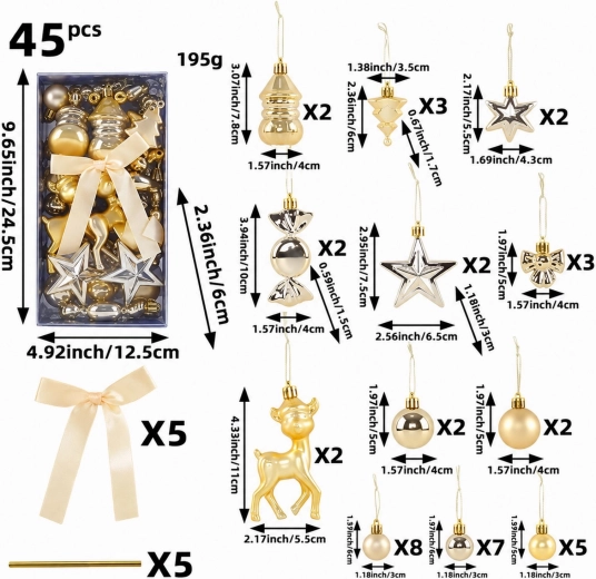 Christmas Unbreakable Glossy Tree Ornaments, Set of 45 Pieces