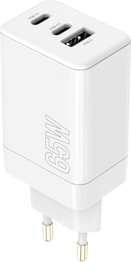 Maxlife 65W USB-C PD/QC stenski polnilec z 2× USB‑C in 1× USB‑A, bel