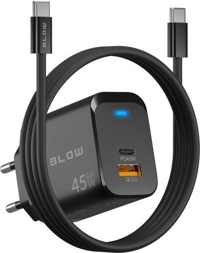 BLOW GaN omrežni polnilnik 45 W (USB-C PD + USB-A QC 3.0) s kablom USB-C–USB-C
