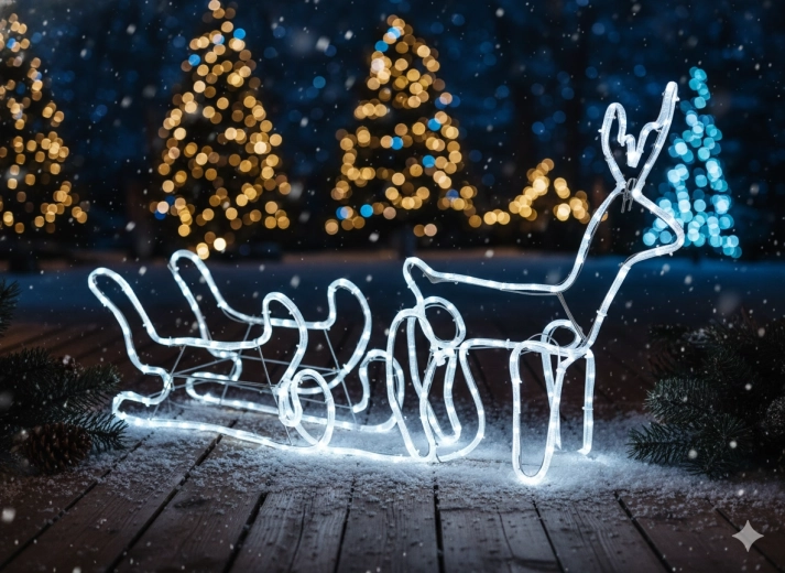 Božični LED jelen s sanmi 120 × 27 × 66 cm – hladno bela s hladnim utripanjem