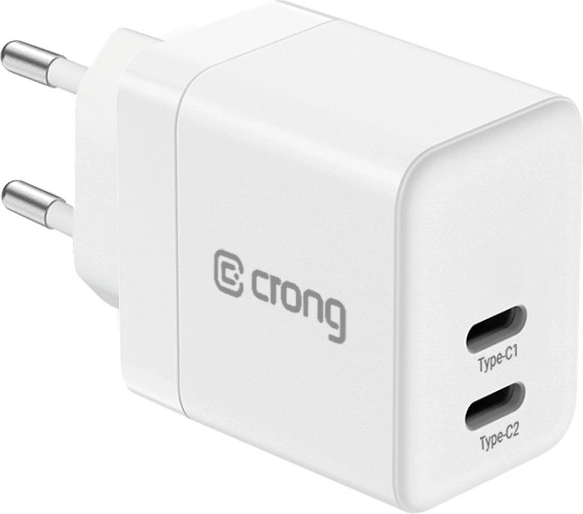 Crong ultra-compact GaN wall charger 2× USB-C 35 W PD 3.0 with PPS, white
