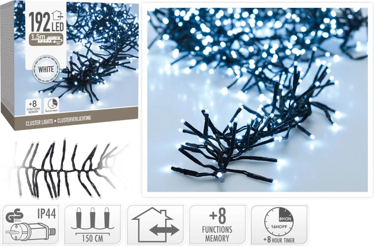 Božični LED niz 1,5 m, 192 LED, hladno bela, 8 funkcij s časovnikom