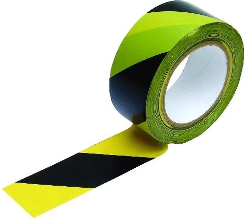 Samolepilni opozorilni trak rumeno‑črn, poševne črte levo 48 mm × 33 m