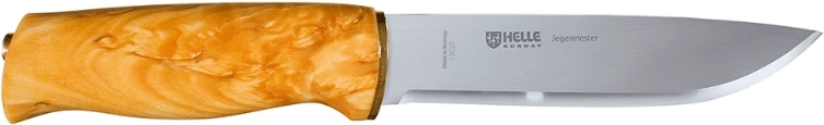 Helle Jegermester lovski nož 13,5 cm z ročajem iz kodraste breze in usnjenim etuijem