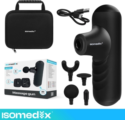 Mini masažna pištola Isomedix s 5 načini, 4 nastavki in etuijem
