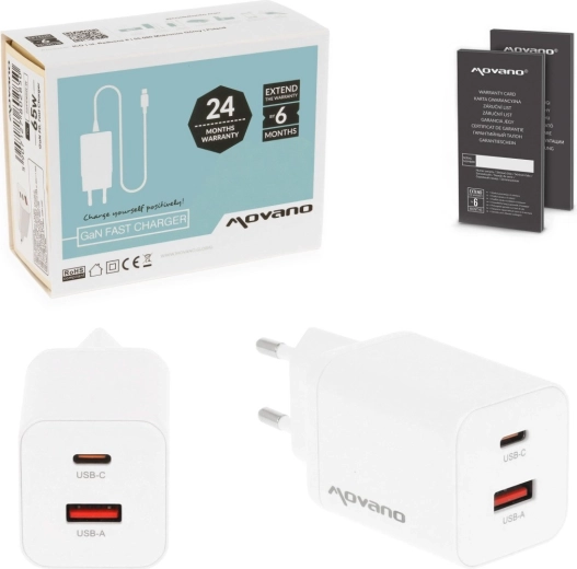 Polnilnik Movano GaN 45 W USB‑C PD + USB‑A bel