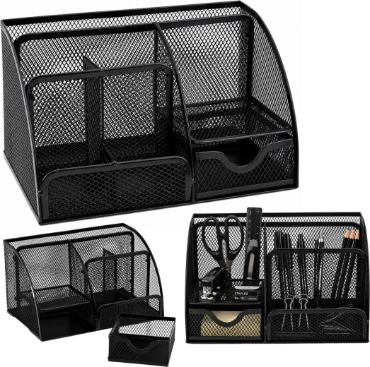Metal mesh desk organizer with drawer, black