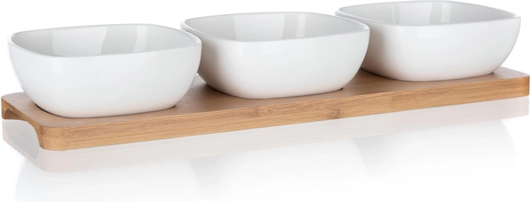 Set namiznih porcelanastih skledic na bambusovem pladnju BRILLANTE, 3 skledice