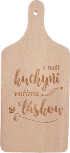 Lesena kuhinjska deska z napisom »v naši kuhinji« 14 × 30 cm