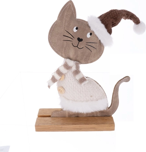 Christmas decoration: wooden and faux-fur cat