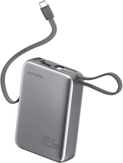 Powerbanka 4smarts Pocket Dual Cord 20000 mAh, 22,5 W, z vgrajenim kablom USB‑C 15 cm, siva