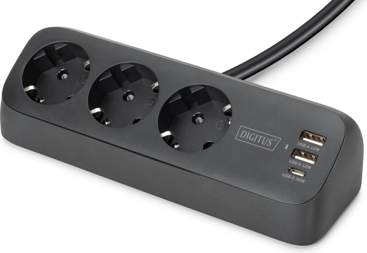 namizni prenapetostni podaljšek s 3 vtičnicami Schuko in USB-A/USB-C s sponkastim pritrdilom na mizo, črna