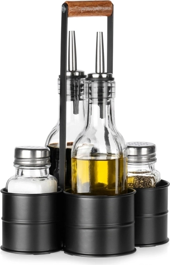 Set za olje in kis s solnico in poprnico v stojalu, 5-delni