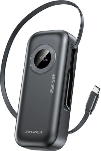 Awei powerbanka PA-9 10.000 mAh 22,5 W z vgrajenim USB‑C kablom črna