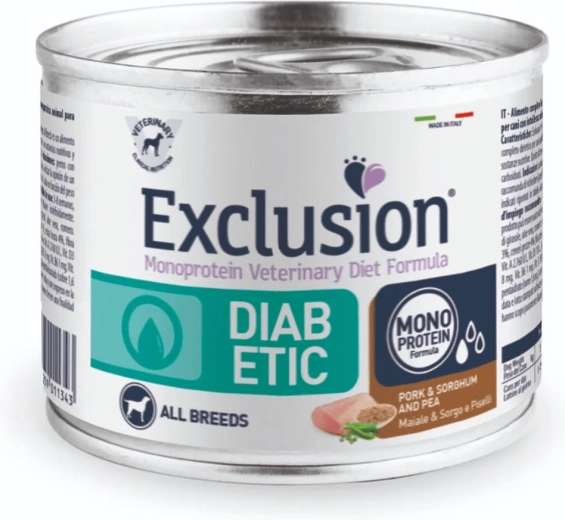 Exclusion Diabetic konzerva za pse vseh pasem, svinjina s sorgom in grahom 200 g