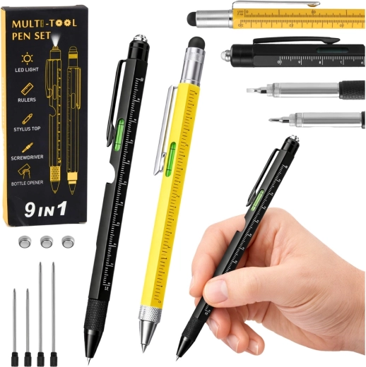 Komplet kovinskih večnamenskih svinčnikov 9v1 z LED svetilko, libelo in izvijačem – rumen in črn, 2 kosa