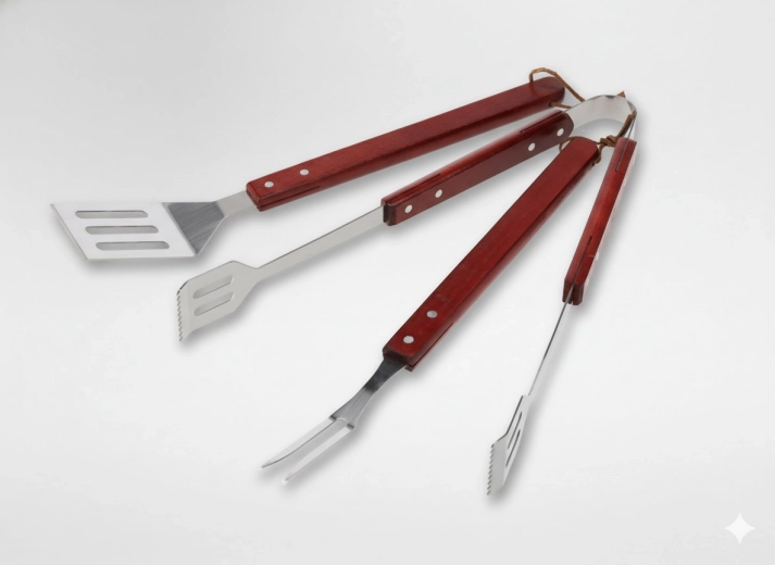 Set 3 žarnih pripomočkov z lesenimi ročaji – lopatica, klešče in vilice