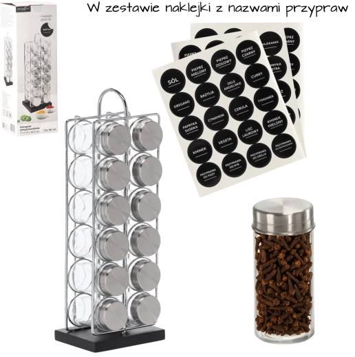 Pravokotni stojalo za začimbe z ročajem, 12 steklenih posodic, srebrno‑črno