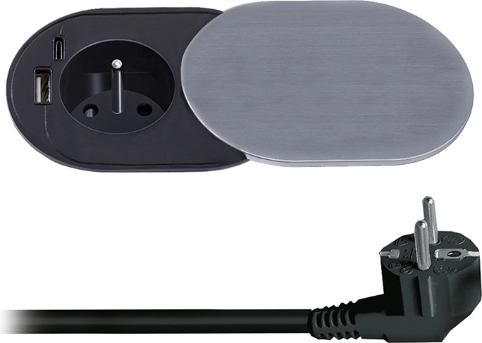 Solight vgradna vtičnica 230 V z USB-A in USB-C PD 20 W z drsnim pokrovčkom, 2 m, srebrna