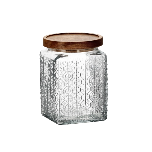 Steklen kozarec 850 ml, kvadraten z lesenim pokrovom