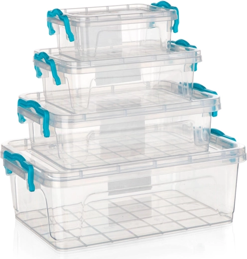 Set shranjevalnih škatel GEMA, 4 kosi s turkiznimi sponkami, prozorne