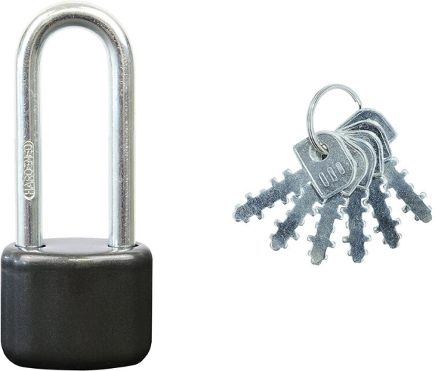 Viseča ključavnica s podaljšanim lokom, jeklena, 6 ključev